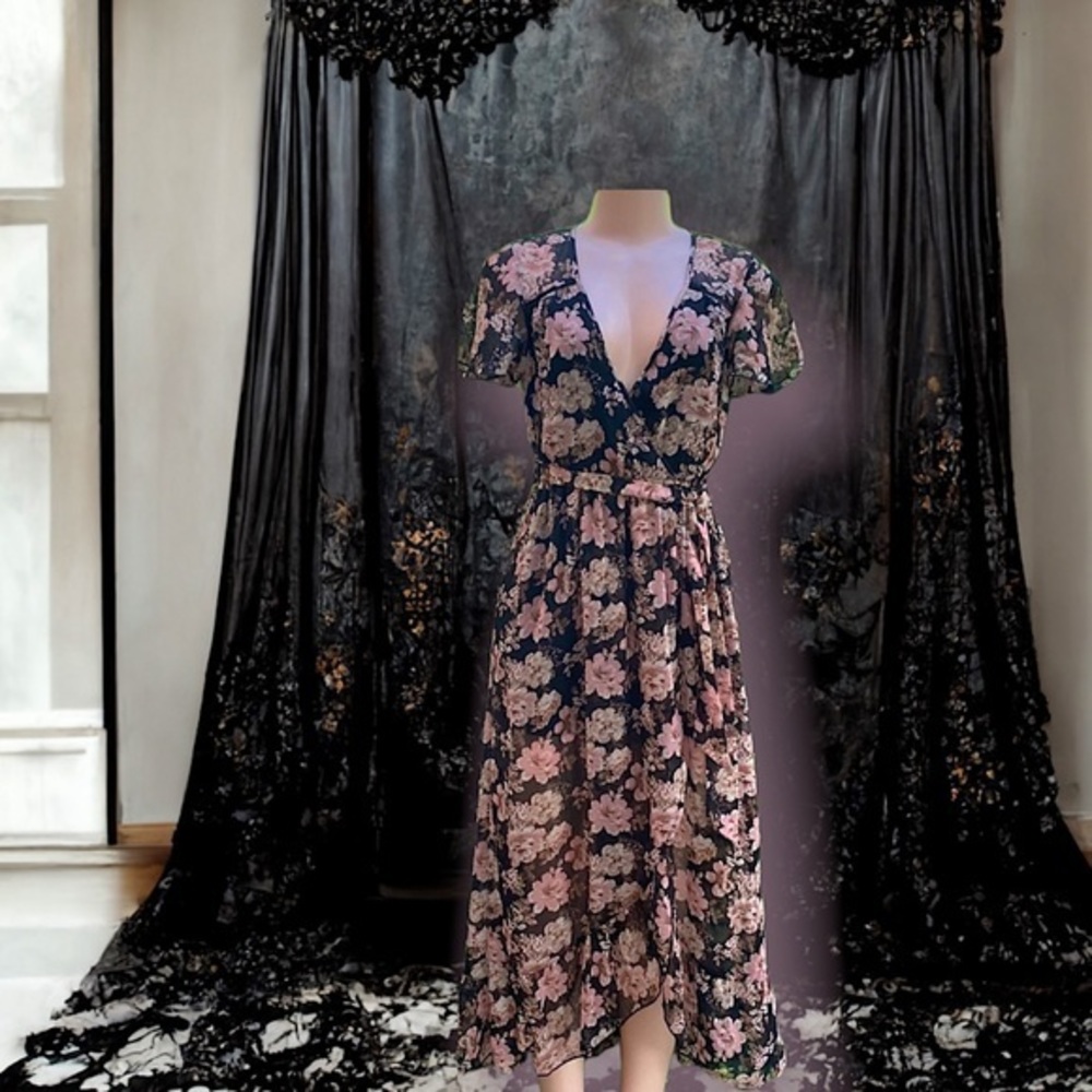 Band of Gypsies Dark Floral Wrap Style Maxi Dress Size XS
